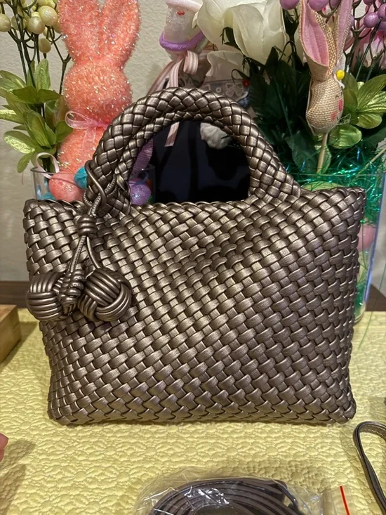 Bronze color  Woven Leather Shoulder & Hand Bag w/ Pouch Wallet Set - Picture 3 of 7